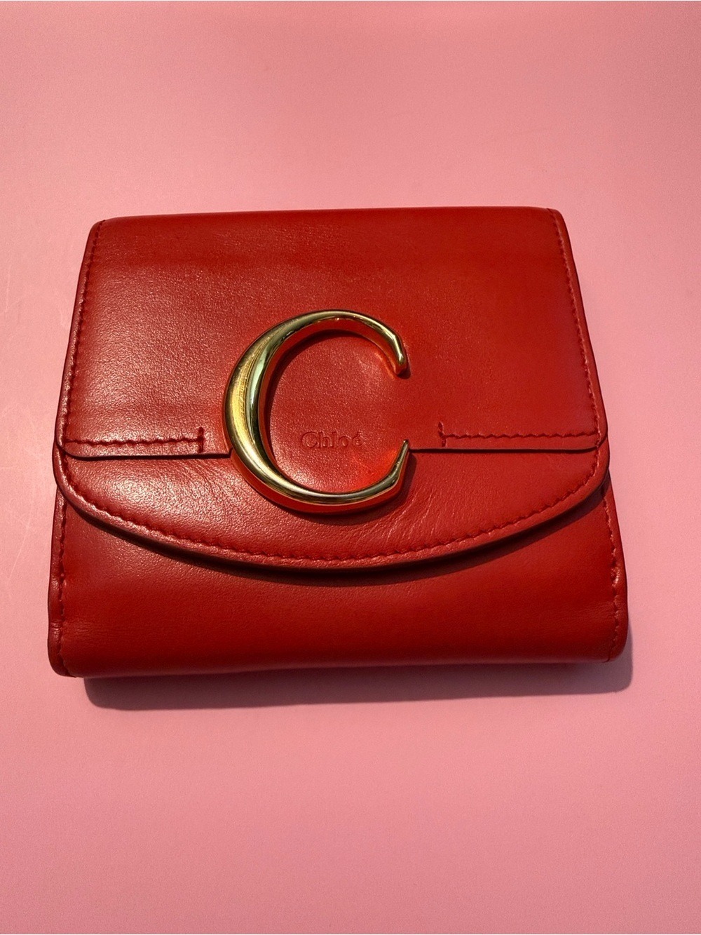 Chloé Red Leather Compact Wallet with Gold 'C' Emblem